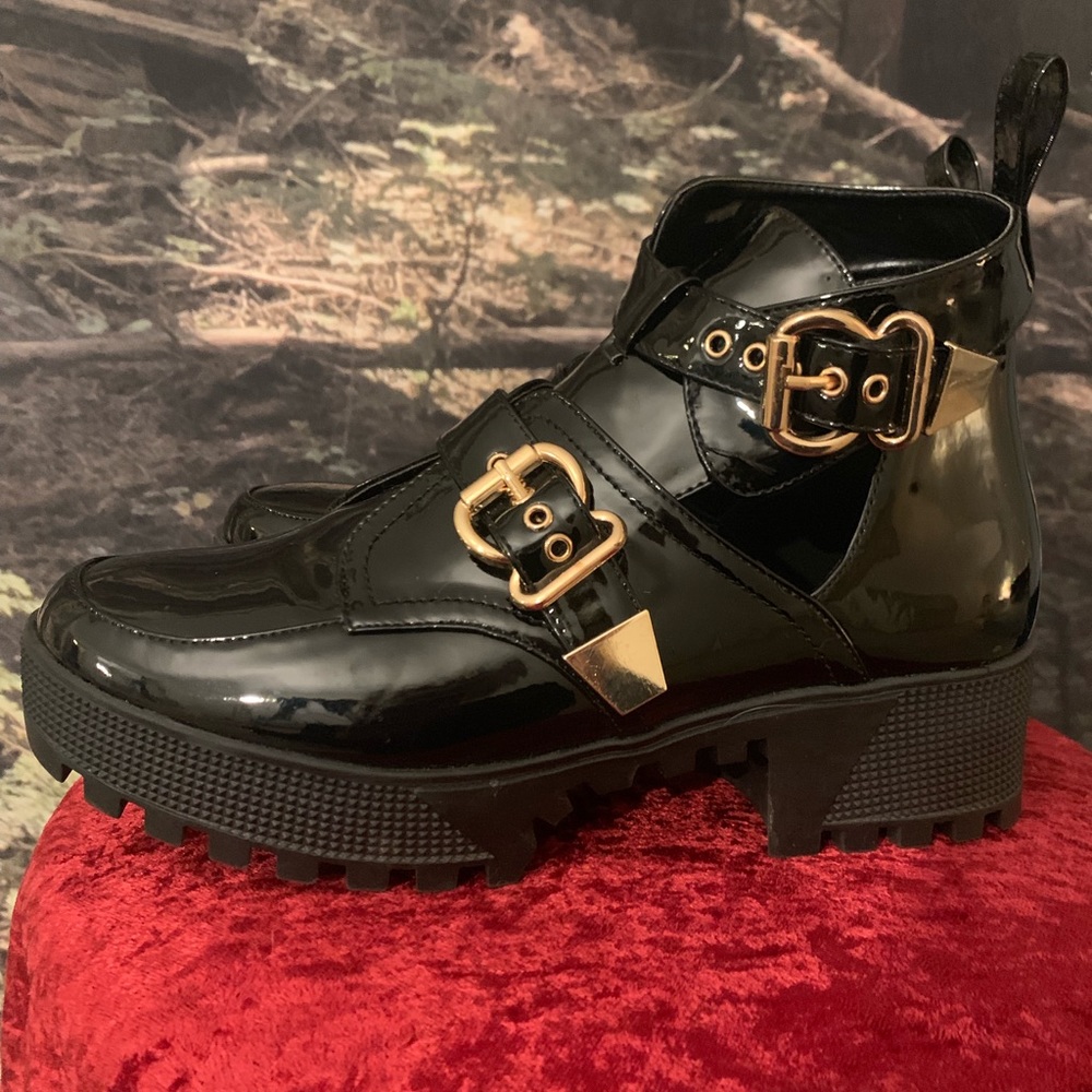 Black patent leather Fashion Nova booties